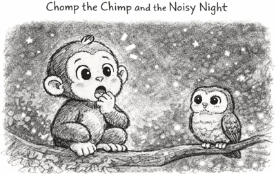 Monochrome illustration of Chomp the Chimp sitting on a tree branch at night, looking toward a small owl as stars and speckled light fill the forest background.