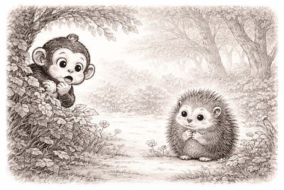 Monochrome illustration of Chomp the Chimp peeking from behind a leafy tree while a small porcupine stands on a forest path nearby.