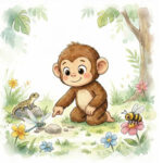 Illustration of Chomp the Chimp with the lizard, the butterfly, and the honeybee