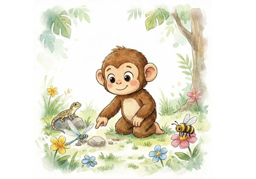 Illustration of Chomp the Chimp with the lizard, the butterfly, and the honeybee