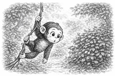 Monochrome illustration of Chomp the Chimp staring at a bush wondering what is lurking underneath