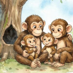 Illustration showing Chomp the Chimp with his family: his dad, his mom and sister