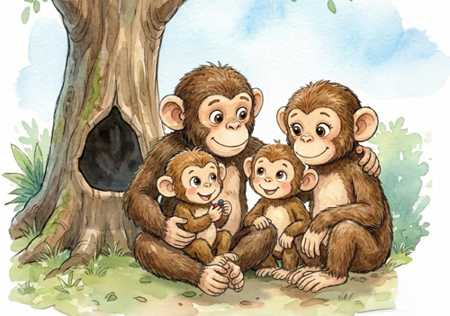 Illustration showing Chomp the Chimp with his family: his dad, his mom and sister
