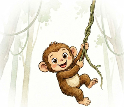 Watercolor illustration of Chomp the Chimp swinging from a vine