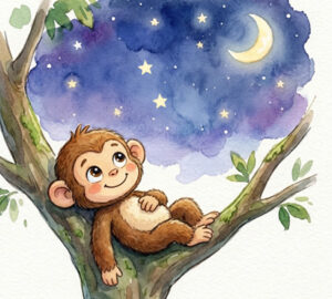 Illustration showing Chomp the Chimp staring at the moon and the stars