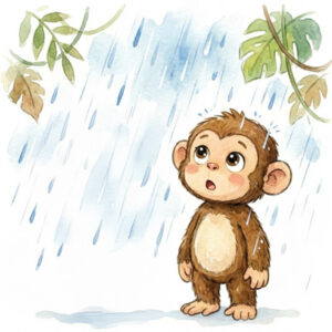 Chomp the Chimp looking up at raindrops