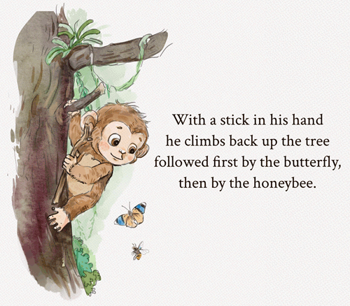 Colored sketch of page 13 of Chomp the Chimp and the Noisy Night showing Chomp climbing back up the tree