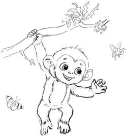 Chomp the Chimp hanging on a branch playing with the butterfly and the honeybee