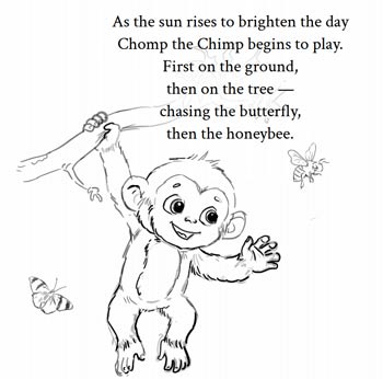 Chomp the Chimp hanging on a branch playing with the butterfly and the honeybee