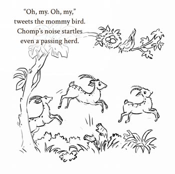 Chomp the Chimp hanging falling from a branch in Chomp the Chimp and the Noisy Night