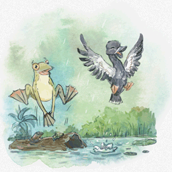 Watercolor illustration of Rob the Frog and Tom the Duck from The Adventures of Chomp the Chimp