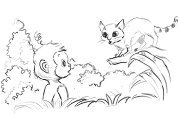 Sketch illustration of Chomp the Chimp and Cara the Cat from Chomp the Chimp and the Noisy Night