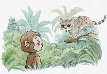 Sketch illustration of Chomp the Chimp and Cara the Cat from Chomp the Chimp and the Noisy Night