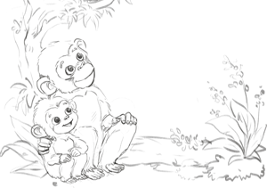 Sketch draft of cover for Chomp the Chimp and the Noisy Night showing father and son chimpanzees staring at the night sky