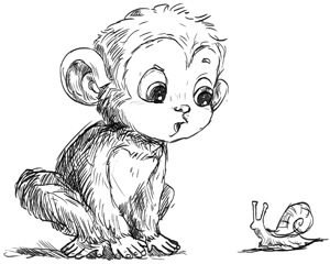 Spot illustration of Chomp the Chimp curiously studying and watching a snail