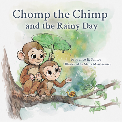 Watercolor illustration of the cover for Chomp the Chimp and the Rainy Day