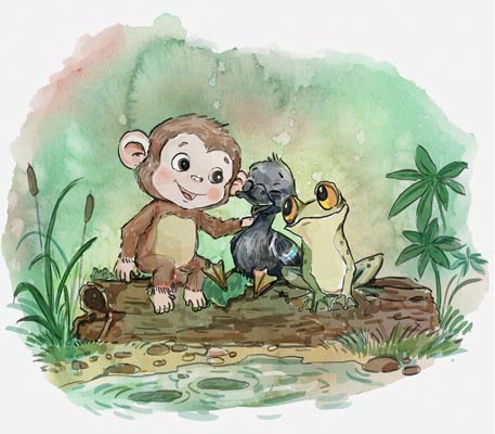 For Educators: Chomp the Chimp with friends Rob the Frog and Tom the Duck from book 2, Chomp the Chimp and the Rainy Day