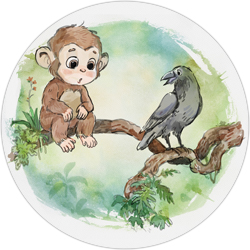 Watercolor illustration of Chomp the Chimp with the old crow