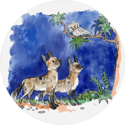 Watercolor illustration of the wise, old owl speaking with the dogs from the third book, Chomp the Chimp and the Noisy Night