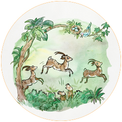 Illustration of Chomp the Chimp startling the bird and a passing herd from the children's picture book, Chomp the Chimp and the Noisy Night