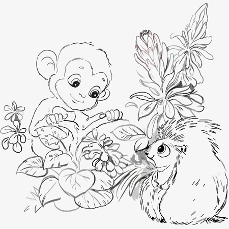 A pencil sketch of the cover for Chomp the Chimp Meets Someone New tentatively scheduled to release in September 2026.