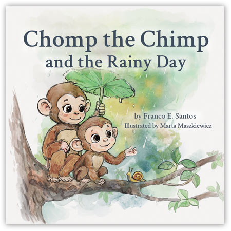 Watercolor illustration of the cover for Chomp the Chimp and the Rainy Day