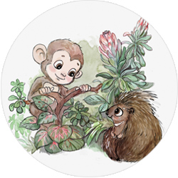 Illustration of Chomp the Chimp peeking through the shrubs to meet the porcupine. From the fourth book, Chomp the Chimp Meets Someone New
