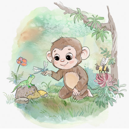 Watercolor illustration showing Chomp the Chimp interacting with a dragonfly, a lizard and the honeybee