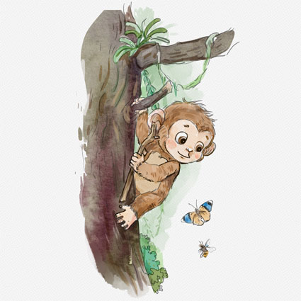 Watercolor illustration of Chomp the Chimp climbing back up the tree followed by the butterfly and the honeybee