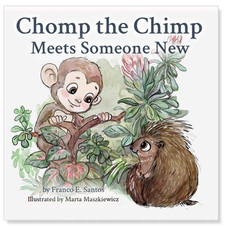 Cover for the children's picture book by Santos Press, Chomp the Chimp Meets Someone New, scheduled to release on September 22, 2026.