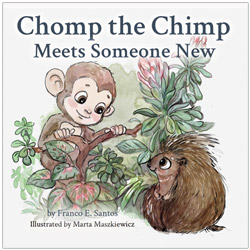 Cover for the children's picture book by Santos Press, Chomp the Chimp Meets Someone New, scheduled to release on September 22, 2026.