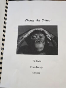 Dedication page of the first print of Chomp the Chimp from 2002