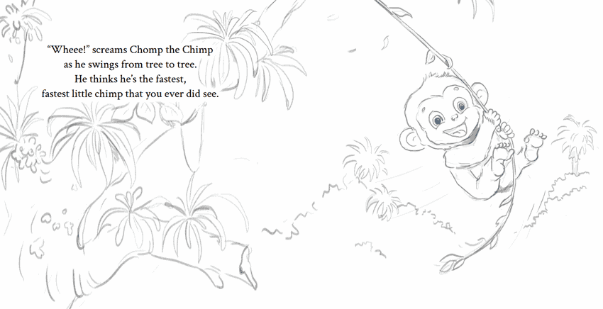 A sketch from Chomp the Chimp and the Slow Day showing Chomp swinging from a vine
